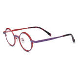 Olet Optical LE3007 Purple and Red large round titanium eyeglasses, lightweight and hypoallergenic, featuring a durable and non-painted design.


