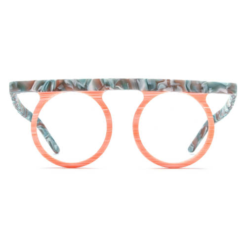 Large Round Eyeglasses - LE3026 Frosted Orange Acetate Glasses with Unique Horizontal Bridge