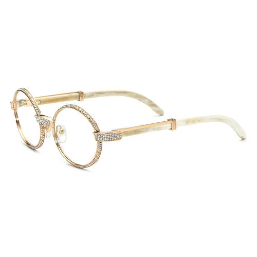 Luxurious Oval Glasses with White Diamond Accents and Natural Horn Temples - Spring Hinges