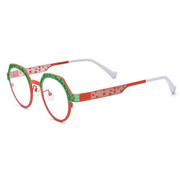 Green Glasses LE3023 - Titanium Geometric Frames in Green & Red with Adjustable Nose Pads