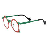 Olet Optical LE3015 Red and Green large round glasses, lightweight titanium glasses with hypoallergenic IP plating, featuring unique triangular accents.

