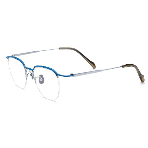 Blue Frame Glasses - Lightweight Blue & Silver Titanium Half Rim Glasses, LE3016