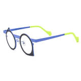 Black Frame Glasses for Women - Unique Blue Titanium Round Glasses with Triangular Accents, LE3015