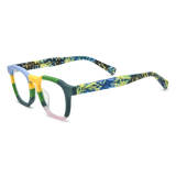 Olet Optical LE3009 Frosted Blue and Green square framed acetate glasses, lightweight and hypoallergenic, featuring a durable, non-painted design with vibrant colors and patterns.

