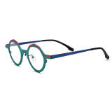 Olet Optical titanium frames glasses in blue. Featuring IP electroplating for reduced allergies, adjustable nose pads, geometric design, and colorful pattern accents for a stylish look.


