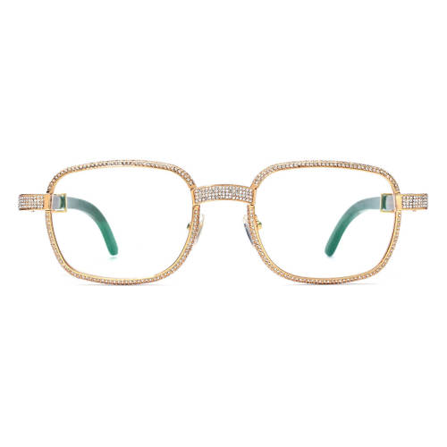 Luxurious Square Glasses with Diamond Accents & Black Natural Horn Temples - Spring Hinges