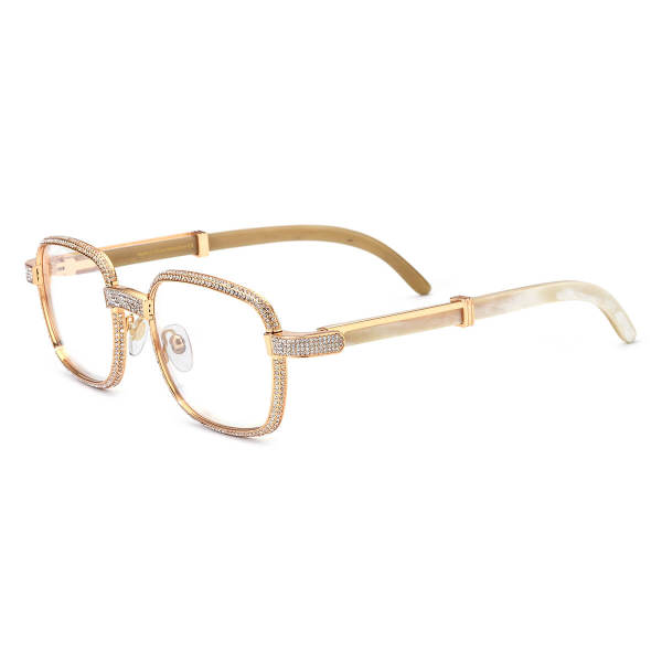 Luxurious Square Glasses with Diamond Accents & White Natural Horn Temples - Spring Hinges