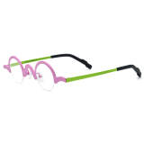 Olet Optical's LE3038 Pink Glasses - Vintage titanium half rim design with unique symmetrical brow shape, featuring adjustable clear nose pads and acetate temple tips for reduced allergies and long-lasting comfort.

