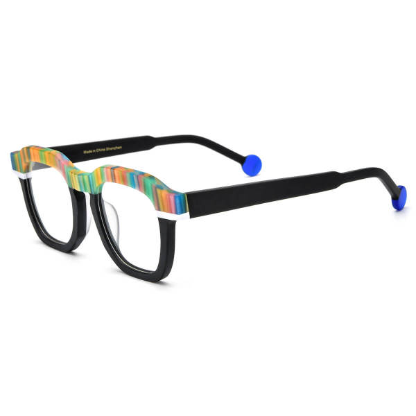 Black Square Frame Glasses - LE3068 Frosted Black with Colorful Stripes - Acetate Design