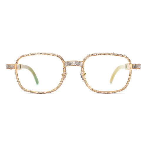 Luxurious Square Glasses with Diamond Accents & White Natural Horn Temples - Spring Hinges
