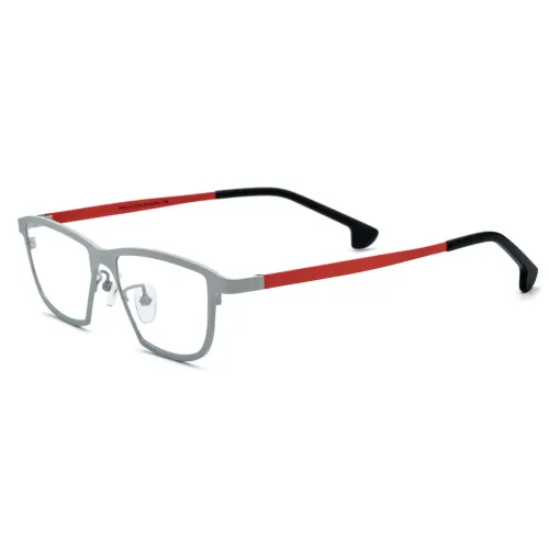 Rectangular Glasses - LE3059 Silver Titanium Glasses with Red Temples