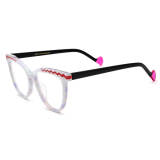 Olet Optical LE3055 White Cat Eye Glasses with Black Temples - Acetate Frames with Floral Patterns and Fan-Shaped Temple Tips


