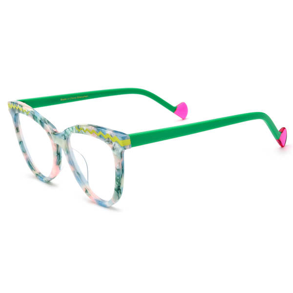 Large Eyeglass Frames in Green | LE3055 Acetate Cat Eye Glasses with Floral Patterns