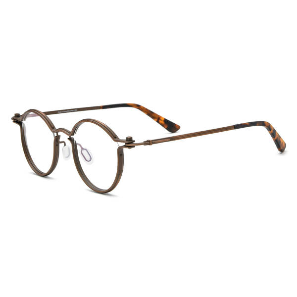 Round Eyeglass Frames LE0574 - Stylish Brown Titanium Round Glasses with Adjustable Nose Pads