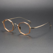 Large Eyeglass Frames - Clear Brown & Gold, Titanium Geometric Glasses, Hypoallergenic