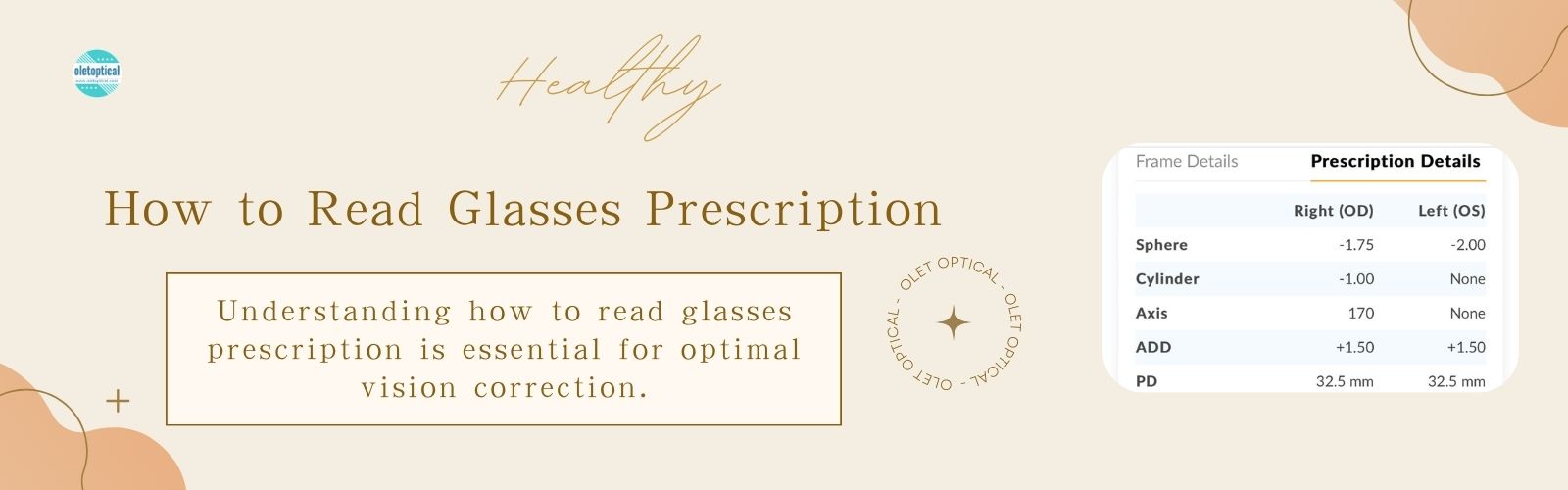 Illustration showing how to read a glasses prescription with detailed explanations of terms like Sphere, Cylinder, Axis, ADD, and PD. Understanding these details is essential for optimal vision correction. Presented by Olet Optical.