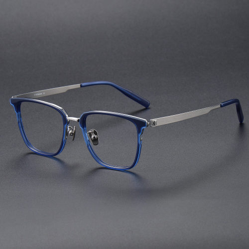 Square Acetate & Titanium Glasses LE1129_Clear Blue & Silver