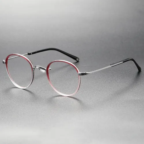 Round Acetate & Titanium Eyeglasses LE0050_Reddish - Silver