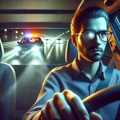 Image of a man driving at night while wearing Olet Optical night driving glasses. The man is focused on the road ahead, with bright headlights and police car lights visible in the background. The glasses are designed to reduce glare and improve night-time visibility.