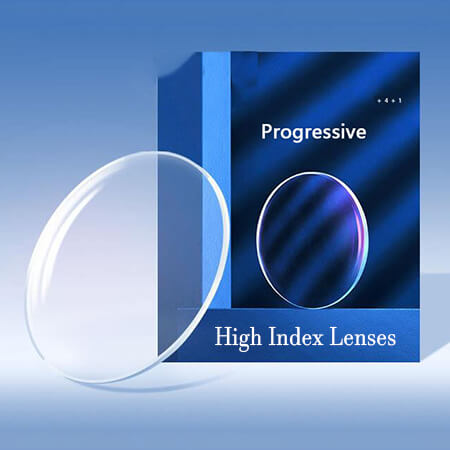 Image of a high index progressive lens from Olet Optical, displayed next to its blue packaging box labeled 'High Index Lenses.' The lens is showcased against a gradient blue background, emphasizing its thin and clear design suitable for high prescription glasses.