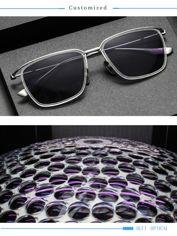 Image featuring customized non-prescription glasses from Olet Optical. The top section shows a pair of stylish, rectangular sunglasses with a silver frame on a dark background. The bottom section displays a close-up of an array of circular lenses, highlighting the advanced manufacturing process used by Olet Optical.