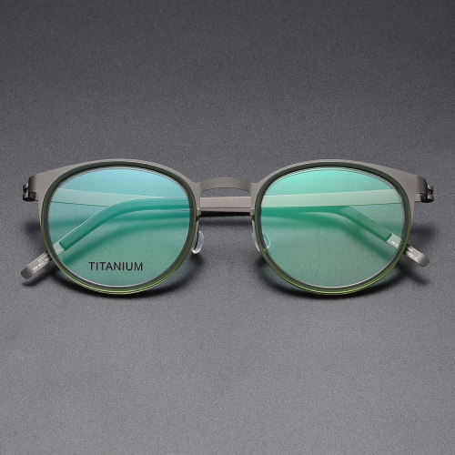 Round Titanium & Acetate Glasses LE8026_Gunmetal - Green