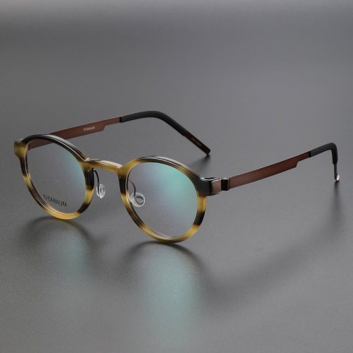 Round Titanium & Acetate Glasses LE8002_Yellow Tortoise