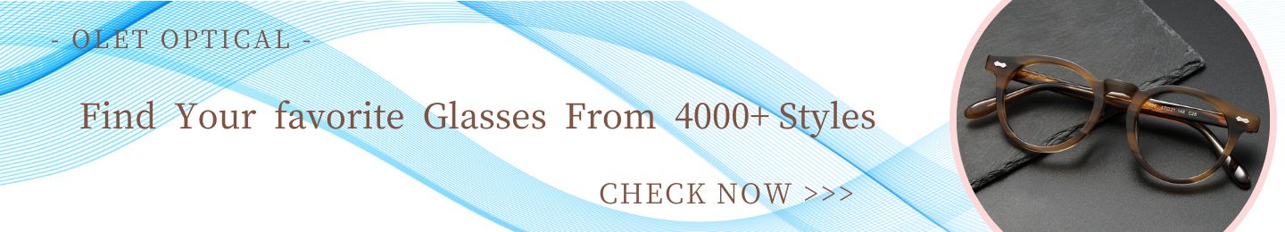 Promotional banner for Olet Optical, showcasing a pair of trendy brown glasses set against a gray background in a pink circular frame on the right. The banner prominently displays the text 'Olet Optical - Find Your Favorite Glasses From 4000+ Styles' in a stylish font over a light blue wavy background. A 'CHECK NOW' button invites users to explore a diverse selection of over 4000 eyewear styles.