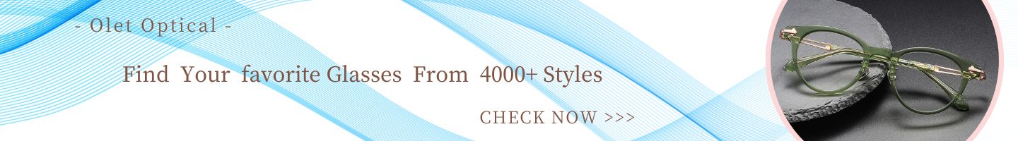 Promotional banner from Olet Optical featuring a stylish pair of green glasses on a dark background, located on the right. The banner reads 'Olet Optical - Find Your Favorite Glasses From 4000+ Styles' with a 'CHECK NOW' button, encouraging users to explore a wide range of eyewear options. The design includes a blue wave pattern on the left, adding a dynamic and modern feel to the image.