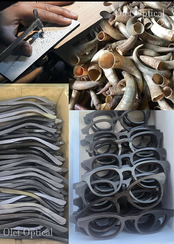 Crafting process of horn-rimmed eyeglasses by Olet Optical. The collage showcases four images: top left depicts the initial cutting of horn material, top right features a pile of raw horn pieces, bottom left shows shaped horn segments neatly organized in a box, and bottom right displays finished horn-rimmed glasses frames. Each step illustrates the meticulous craftsmanship involved in creating these unique, sustainable eyewear pieces.
