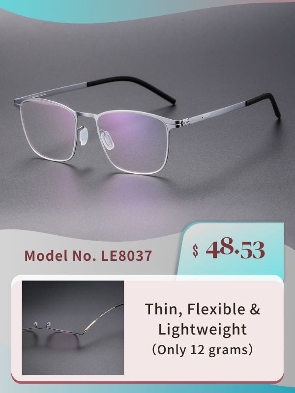 Olet Optical presents Model No. LE8037, priced at $48.53. The image showcases a pair of thin, flexible, and lightweight eyeglasses weighing only 12 grams. The glasses feature a sleek, transparent frame with a modern design, displayed against a soft grey and pink background to highlight their elegance and style.