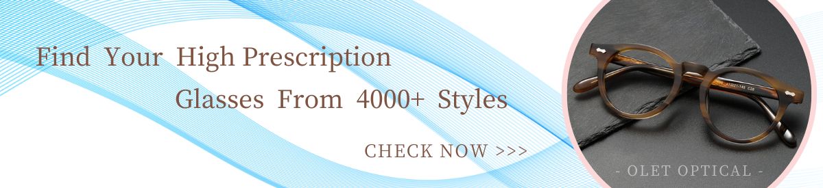 Banner image promoting high prescription glasses from Olet Optical, featuring stylish brown round eyeglasses on a slate background. The text reads: 'Find Your High Prescription Glasses From 4000+ Styles - CHECK NOW' set against a background of blue wave patterns.