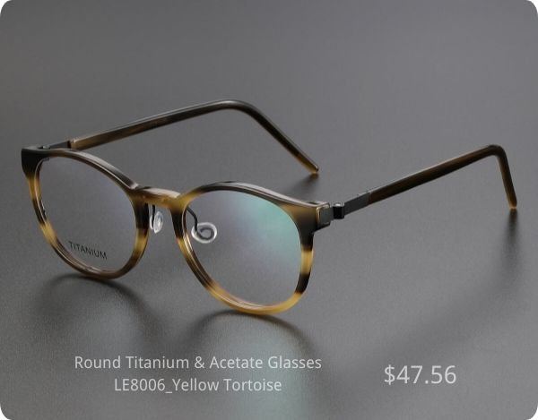 Olet Optical Round Titanium & Acetate Night Driving Glasses LE8006 in Yellow Tortoise, priced at $47.56, designed to enhance night vision with lightweight and durable frames.
