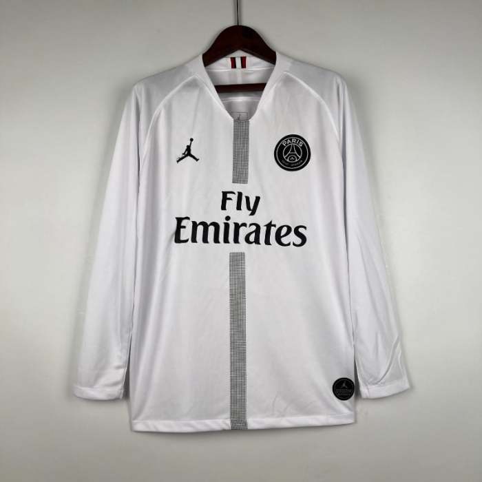 Long Sleeve  PSG 2018-19 Paris Saint Germain White Retro Soccer Jersey  - Fan Version