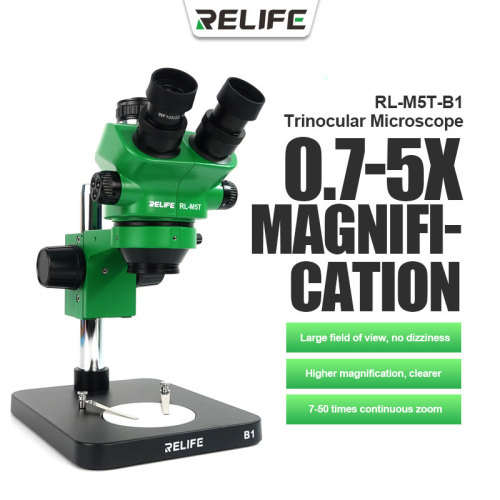 RL-M5T-B1 Trinocular Microscope 0.7-5x Magnification 7-50X Continuous Zoom For Phone Repair Jewelry Identification