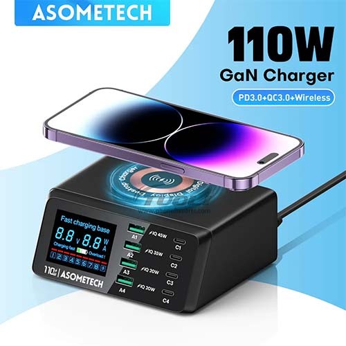 ASOMETECH 110W Desktop Type C Charger Digital Display PD QC3.0 Fast Charging For iPhone 14 13 Max Pro iPad For Xiaomi Samsung