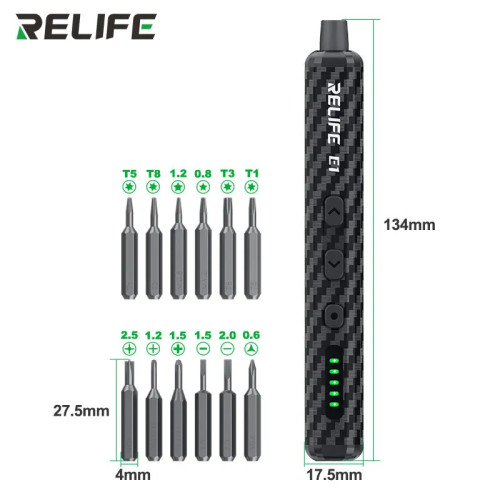 RELIFE E1 Carbon Fiber Electric Screwdriver Set 12 S2 Steel Bits 5-speed Speed Adjustment Repair Tools