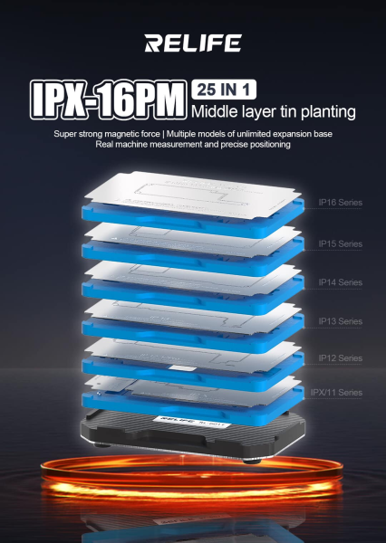 RELIFE RL-601T 25 in 1 iPhone X~16Pro Max Motherboard Middle Layer Board Plant Tin Platform 3D BGA Reballing Stencil Kit