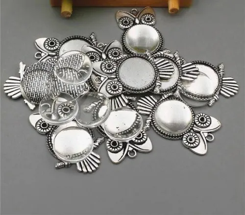 10sets/lot Fit 20mm 25mm Antique Silver Alloy owl diy Cameo base Setting Pendant+Clear Glass Cabochons Beads Jewelry finding