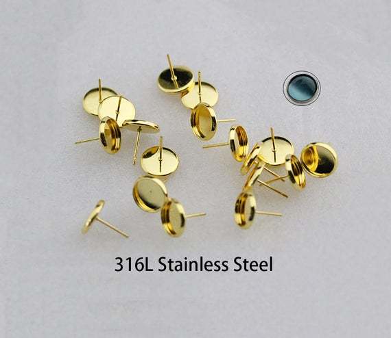 50pcs/100pcs 8mm 10mm 12mm 14mm 16mm 316L Stainless Steel Round bezel Earring Blanks / Gold stud Earrings post with Stopper Backs Findings