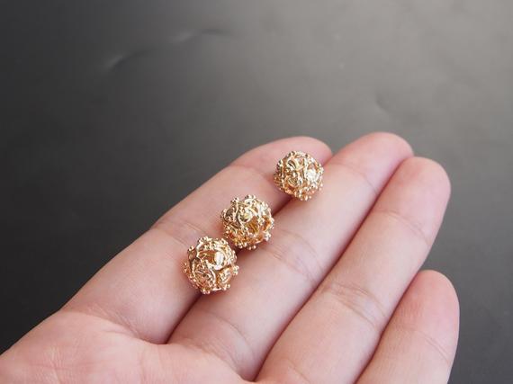 10mm 24K Gold Color Plated  Brass Hollow Beads (#10001077)