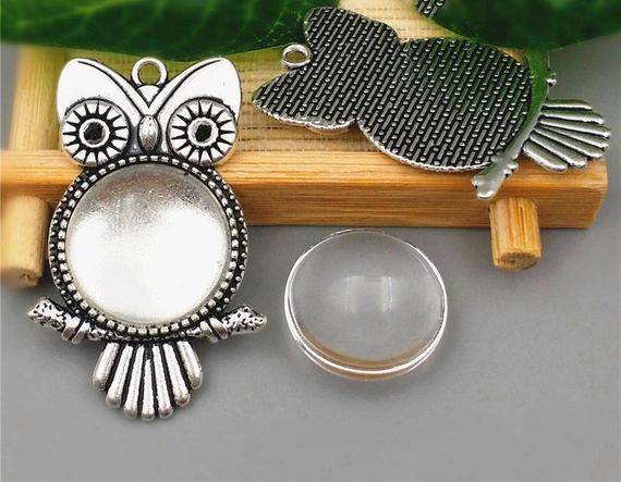 10sets/lot Fit 20mm 25mm Antique Silver Alloy owl diy Cameo base Setting Pendant+Clear Glass Cabochons Beads Jewelry finding