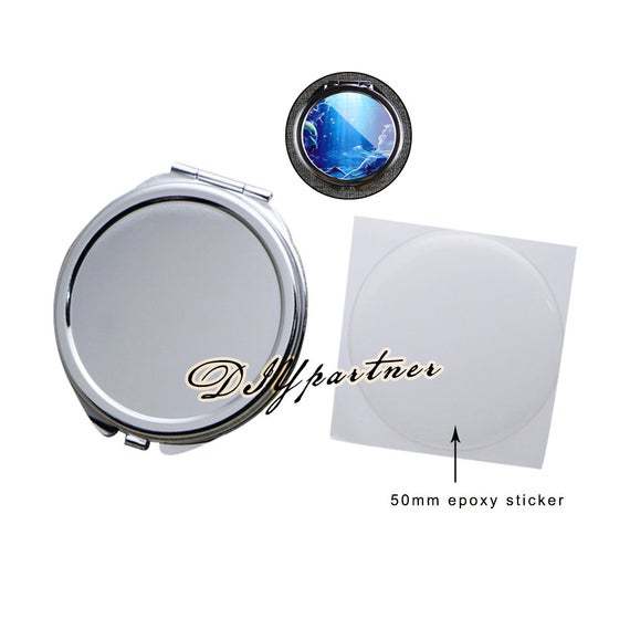 DIY Blank Compact mirror KITS-60mm Small Silver Round Compact Mirror Blank + 2  (50mm) Epoxy Sticker