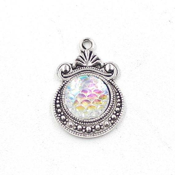 12mm Mermaid silver charms, Mermaid scale, Holographic pendants, silver charm, silver mermaid, dragon skin pendant, snake skin charm