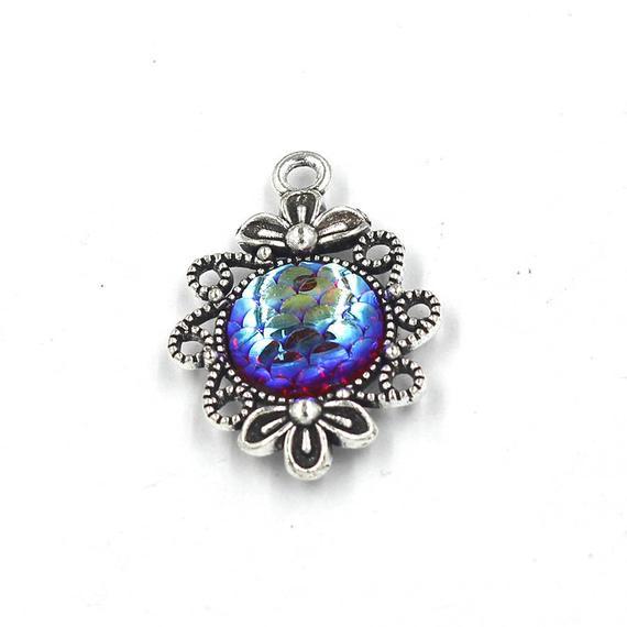 wholesale.12mm Mermaid silver charms, Mermaid scale, Holographic pendants, silver mermaid, dragon skin pendant, snake skin charm