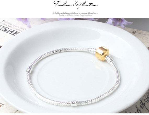 5pcs Silver European bracelet with Gold barrel clasp, Snake Chain Bracelet, European bracelet supplies