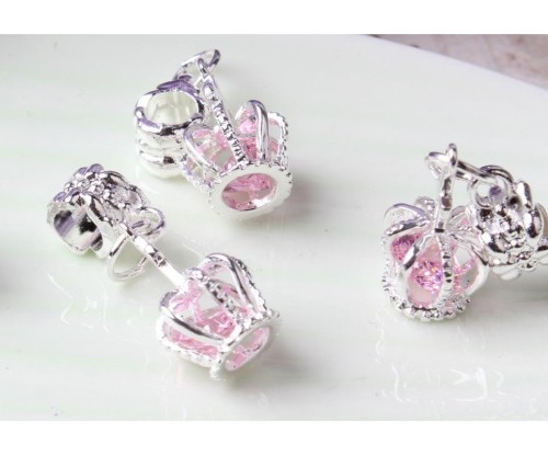 5pcs European beads, Pink Rhinestone Crown Charms, fits most European charm bracelets bead charm bracelet
