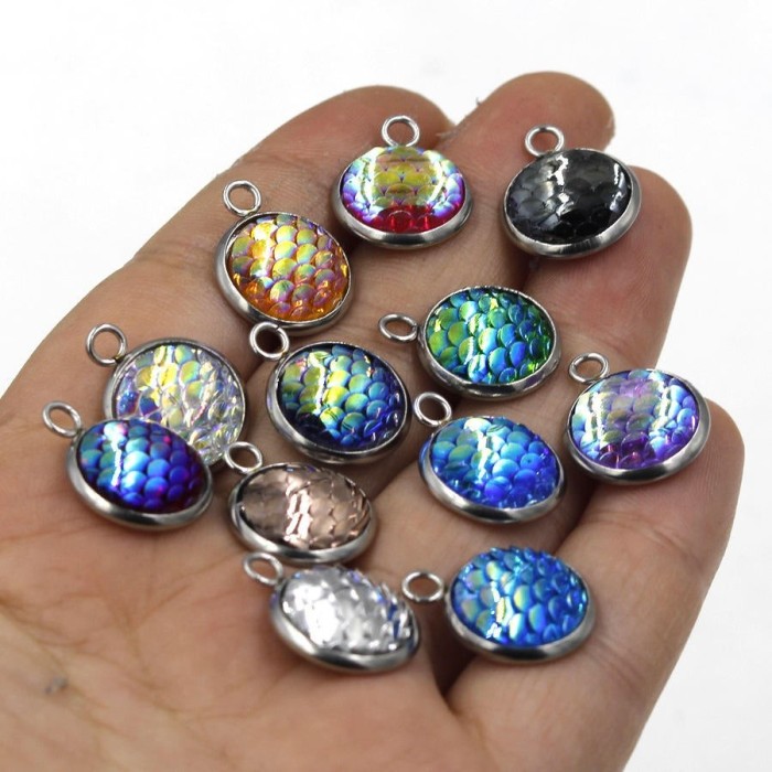 wholesale 12mm stainless steel Mermaid silver charms, Mermaid scale, Holographic pendants, silver charm, silver mermaid, dragon skin pendant