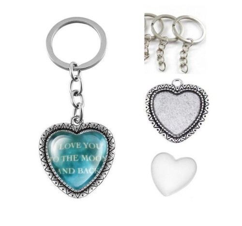 10 sets Photo Keychains DIY Kit - blank Heart 1 inch (25mm) bezel setting with glass cabochon and key ring, Heart keychain