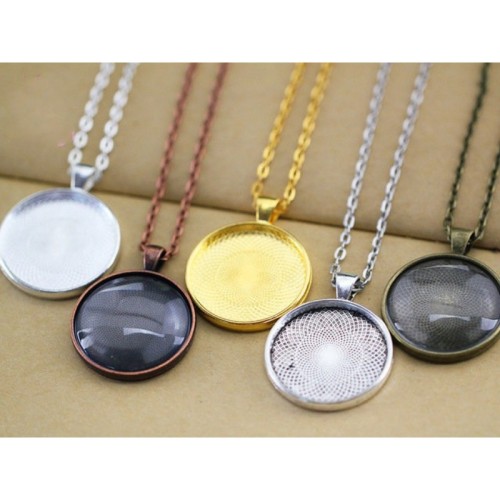 30mm Round Blank Pendant Trays, Bezel Blank Pendant Settings + Rolo Chain Necklace + Clear Glass Cabochon 10 kits